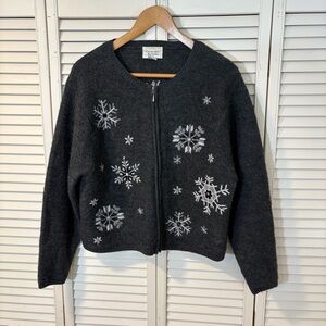 Vtg Christopher & Banks Gray Nordic Winter Wool Sweater Cardigan Women’s Large